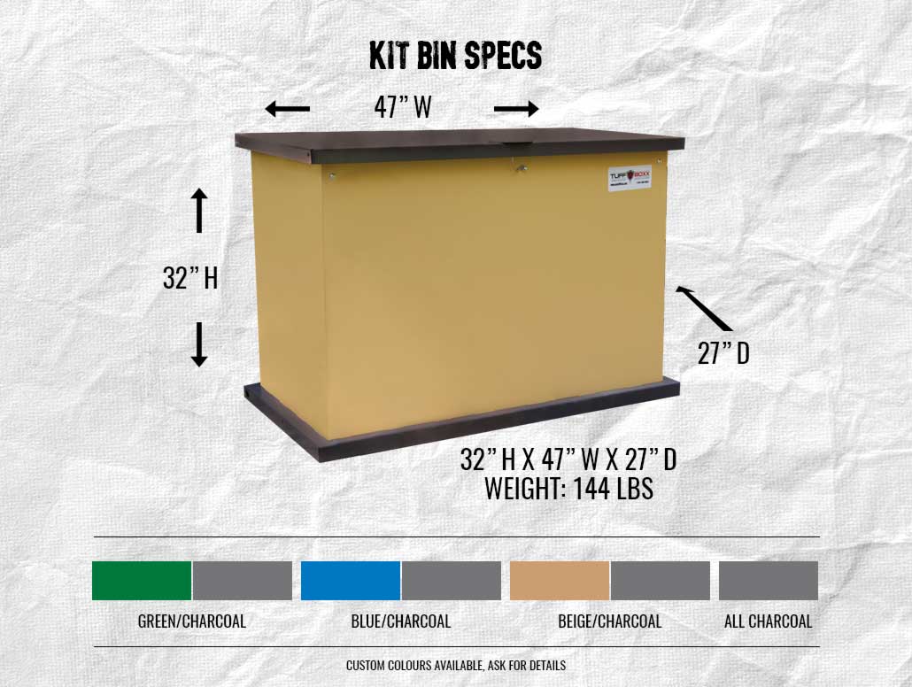 Kit Bin Specs. 32 inches high by 47 inches wide by 27 inches deep. Available in green/charcoal, blue/charcoal, beige/charcoal or all charcoal. Custom colours available, ask for details.