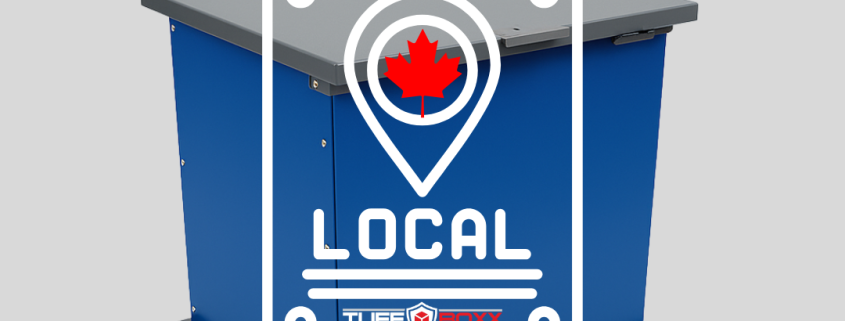 TuffBoxx blue wildlife-resistant bin with “Local” badge and red maple leaf, symbolizing proudly Canadian local manufacturing.
