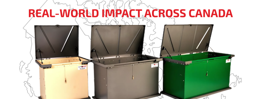 Three TuffBoxx wildlife-resistant storage containers displayed in front of a Canada map, representing how TuffBoxx is supporting Canadian communities with durable, secure outdoor solutions.
