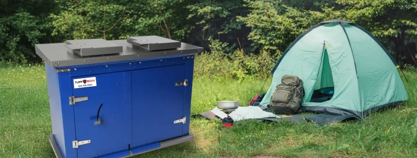 Blue TuffBoxx campground wildlife storage container installed next to tent at outdoor campsite with secure locking system