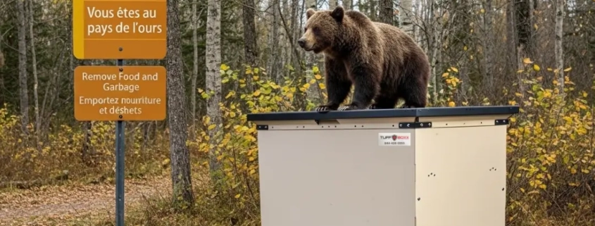 Brown bear standing on top of a TuffBoxx bear-proof outdoor storage container next to a Bear Wise warning sign in a Canadian forest