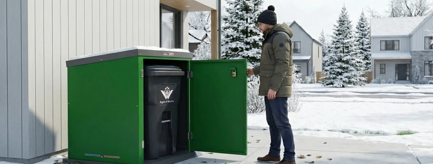 Homeowner accessing ToteBoxx residential bin enclosure in winter, showing easy-open design with black garbage bin inside green steel enclosure in Canadian neighborhood