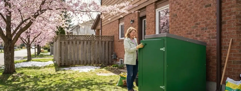 Homeowner using ToteBoxx residential bin enclosure in spring with blooming cherry blossoms, preparing property for spring wildlife season