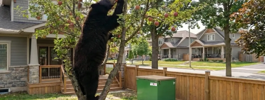 Bear climbing fruit tree in Canadian neighborhood during bear season, demonstrating need for secure garbage storage like TuffBoxx