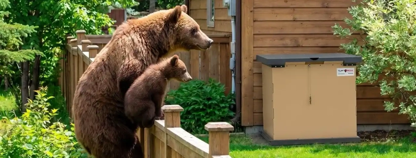 Mother bear and cub in residential backyard near TuffBoxx bear-resistant container demonstrating why secure storage is essential during bear season