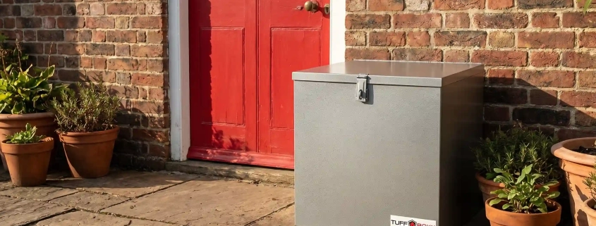 ParcelBoxx lockable steel delivery box installed at residential front door with red entrance to prevent parcel theft and secure packages