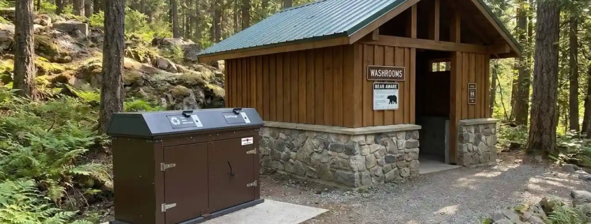 TuffBoxx commercial container installed outside Canadian park washroom facility with Bear Aware signage showing wildlife-resistant waste management for municipal park operations